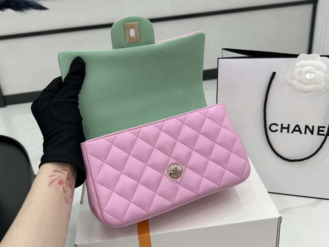 Chanel AS2431 Mini flap Pink with Green Lambskin bag with top handle Gold - Default Title - View 7
