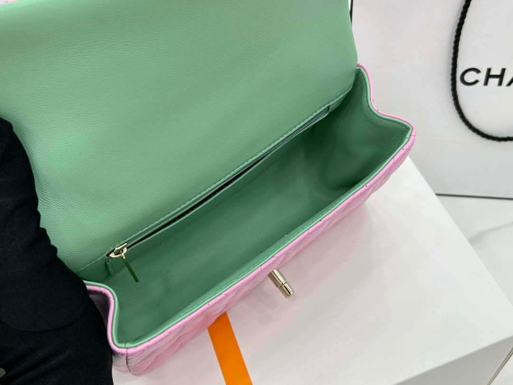 Chanel AS2431 Mini flap Pink with Green Lambskin bag with top handle Gold