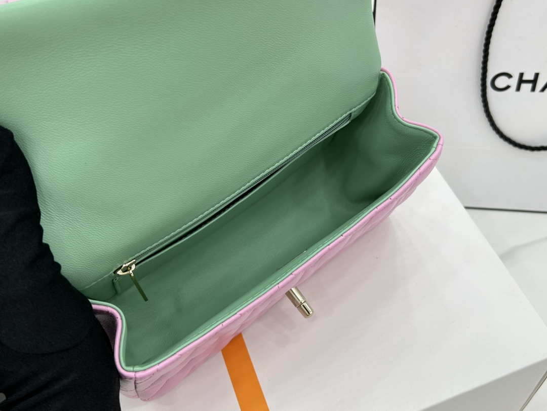 Chanel AS2431 Mini flap Pink with Green Lambskin bag with top handle Gold - Default Title - View 8