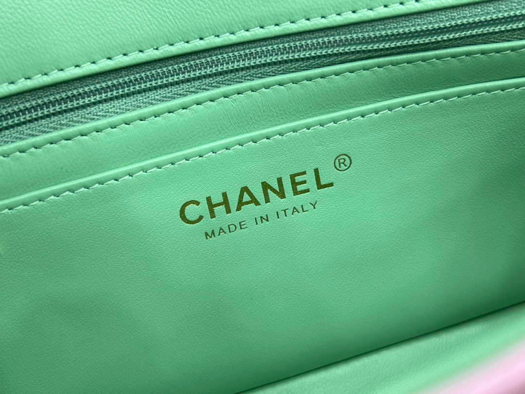 Chanel AS2431 Mini flap Pink with Green Lambskin bag with top handle Gold