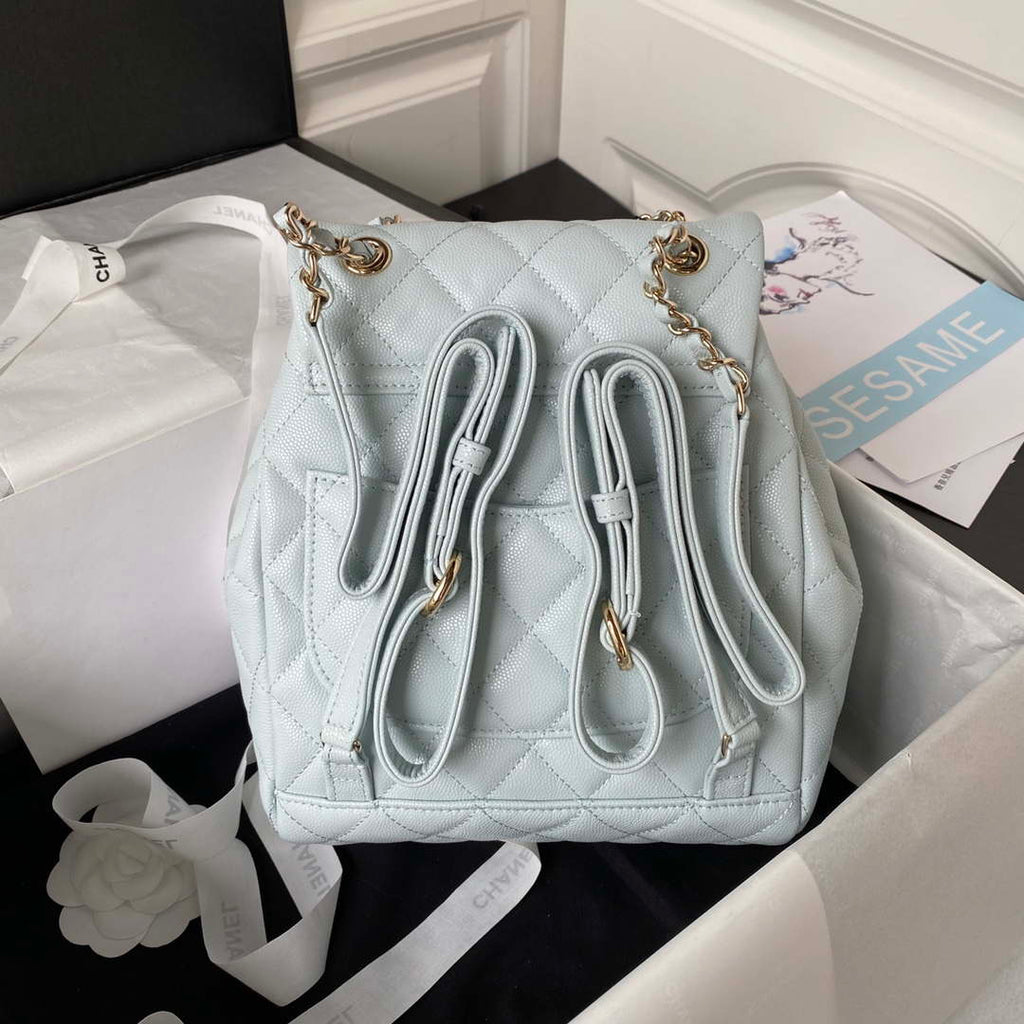 Chanel AS4059 Large Backpack Grained Shiny Calfskin & Gold-Tone Metal Light Blue