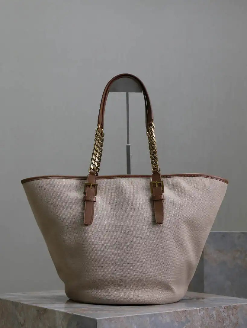YSL 791303 Laurent Cabas Bag Bucket Bag Beige canvas
