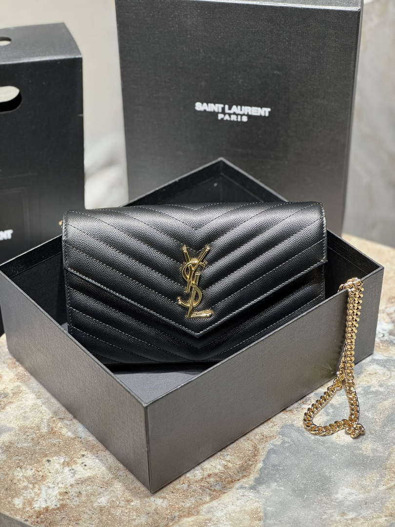 YSL 377828 Classic Cassandre chain wallet in grain de Poudre leather black gold