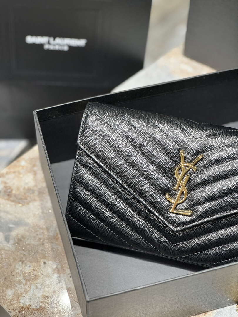 YSL 377828 Classic Cassandre chain wallet in grain de Poudre leather black gold