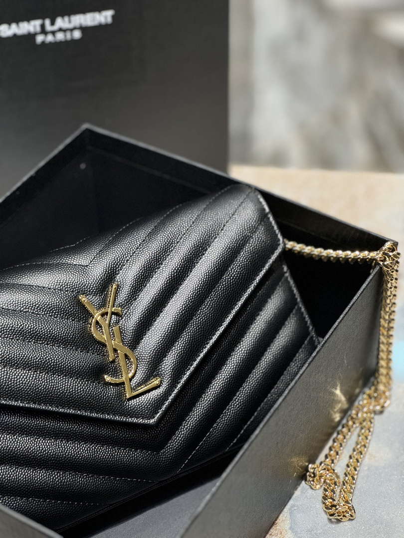 YSL 377828 Classic Cassandre chain wallet in grain de Poudre leather black gold