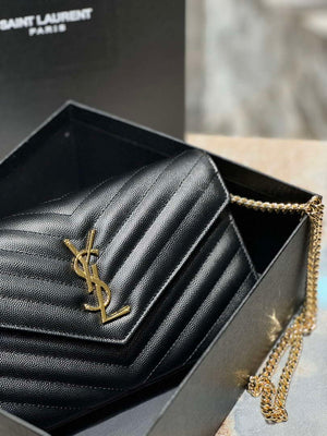 YSL 377828 Classic Cassandre chain wallet in grain de Poudre leather black gold - Default Title - View 3