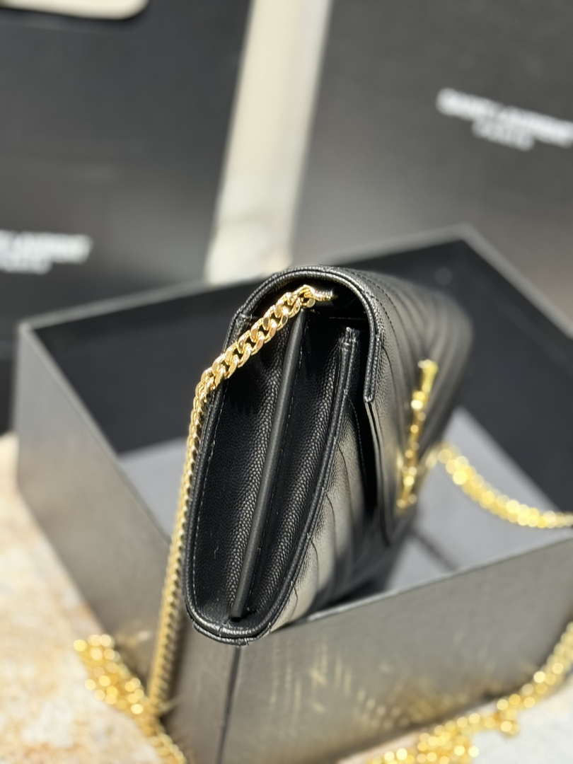 YSL 377828 Classic Cassandre chain wallet in grain de Poudre leather black gold