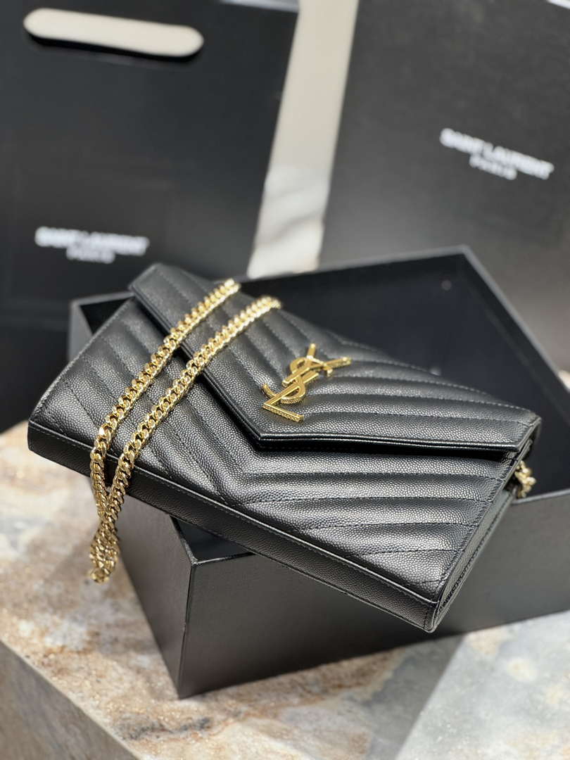 YSL 377828 Classic Cassandre chain wallet in grain de Poudre leather black gold