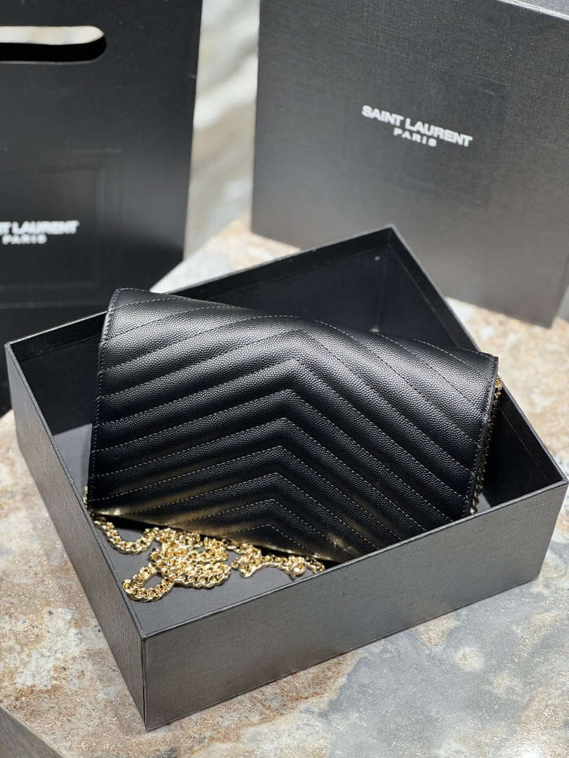 YSL 377828 Classic Cassandre chain wallet in grain de Poudre leather black gold