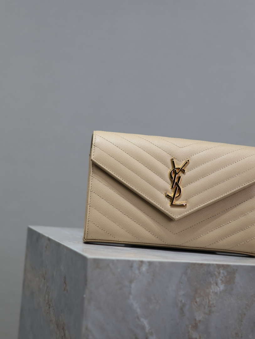 YSL 377828 Classic Cassandre chain wallet in grain de Poudre leather Apricot
