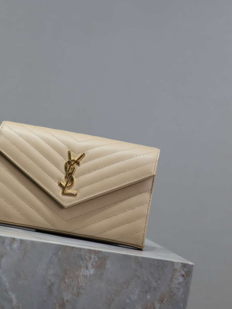 YSL 377828 Classic Cassandre chain wallet in grain de Poudre leather Apricot