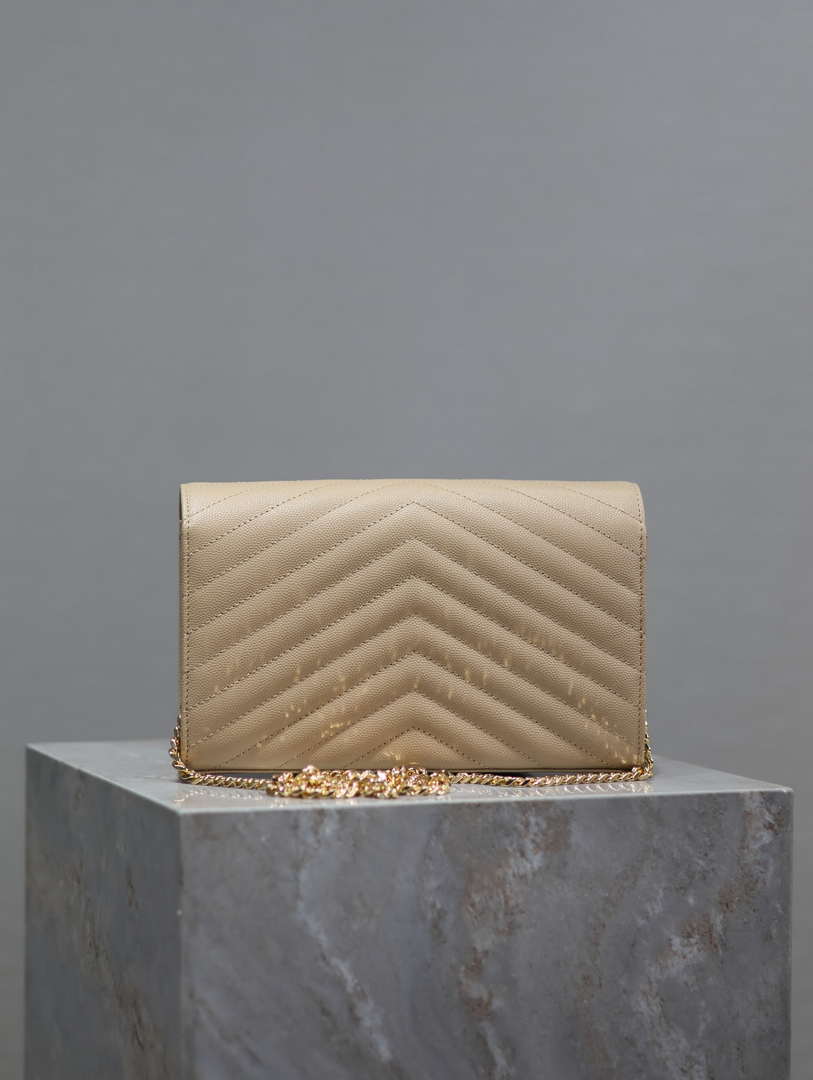 YSL 377828 Classic Cassandre chain wallet in grain de Poudre leather Apricot