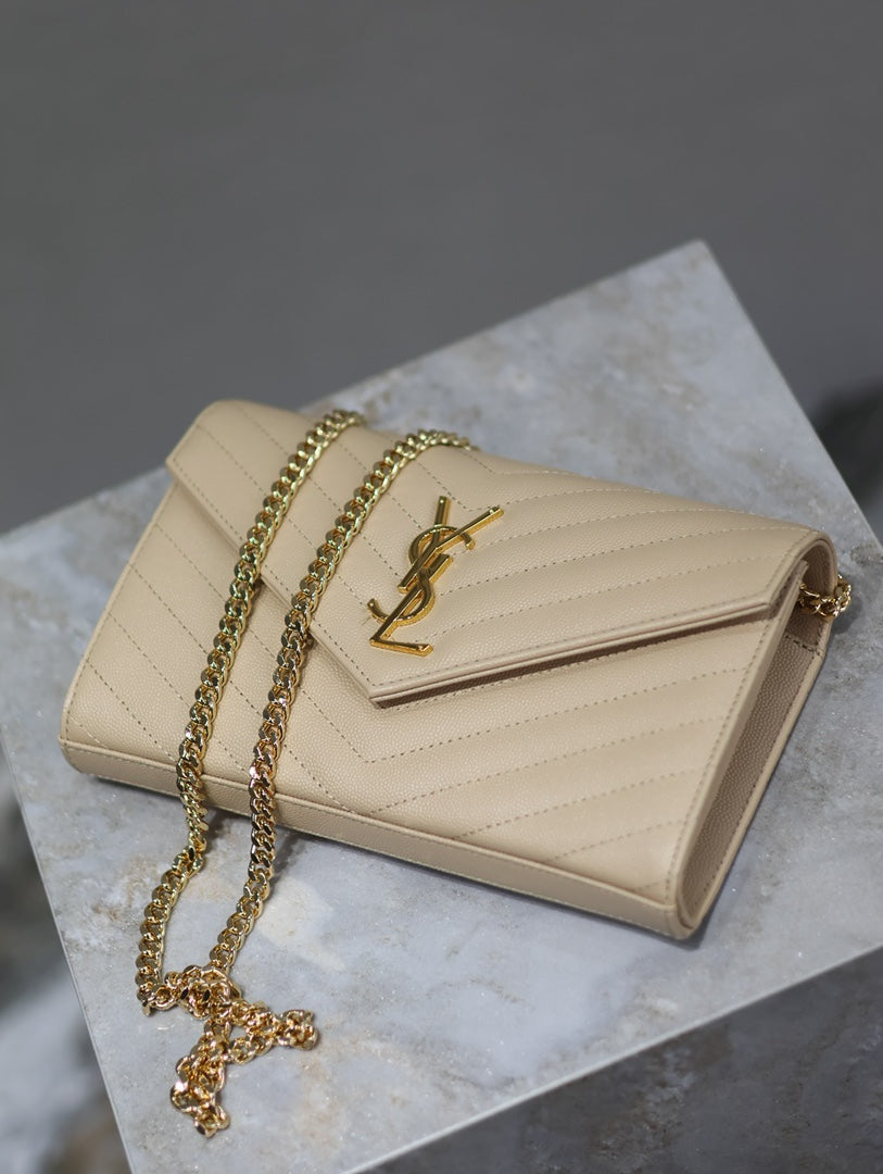 YSL 377828 Classic Cassandre chain wallet in grain de Poudre leather Apricot