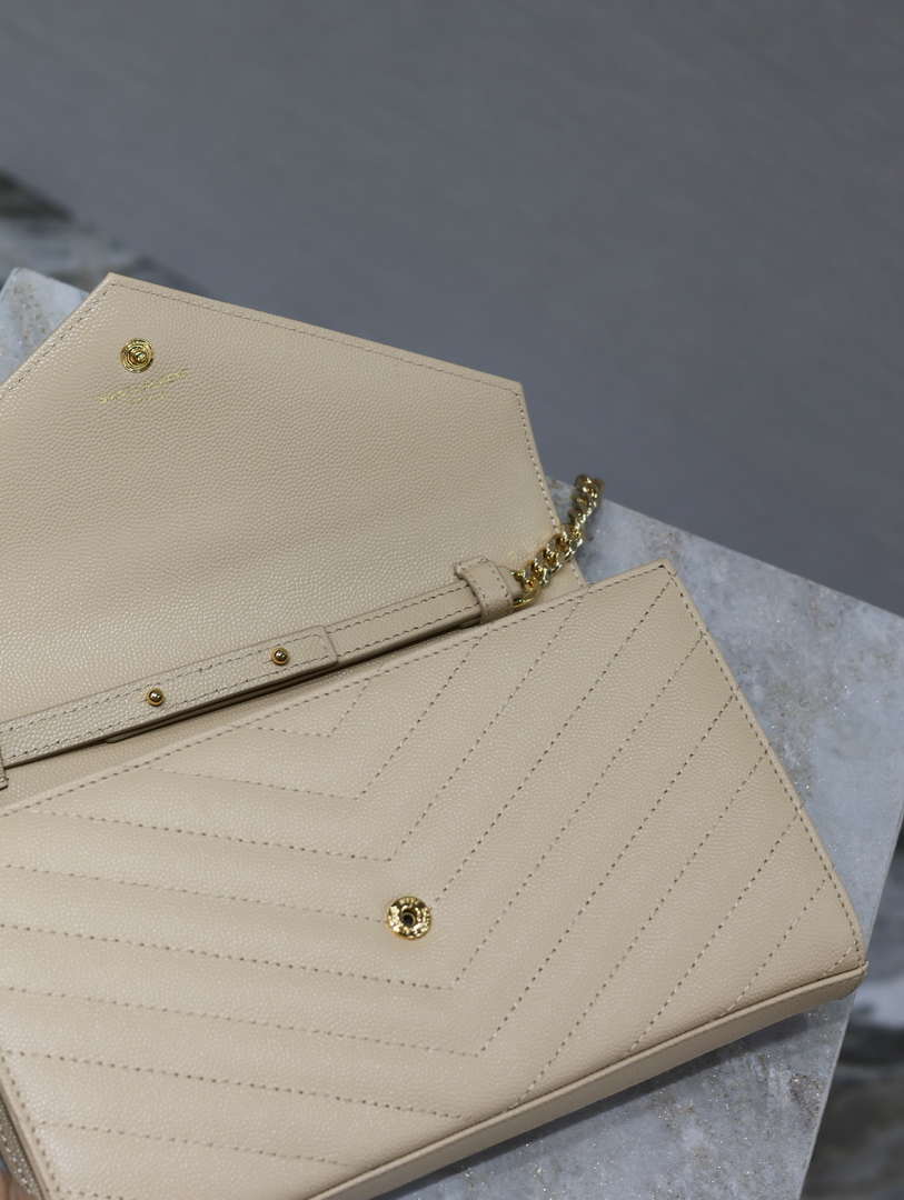 YSL 377828 Classic Cassandre chain wallet in grain de Poudre leather Apricot