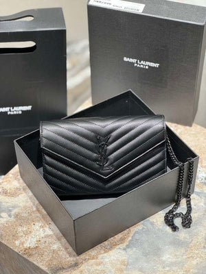 YSL 377828 Classic Cassandre chain wallet in grain de Poudre leather black Hareware - Default Title - View 1