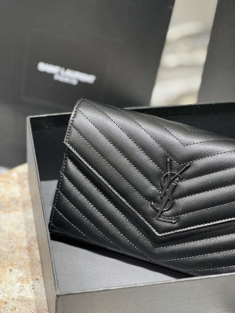 YSL 377828 Classic Cassandre chain wallet in grain de Poudre leather black Hareware