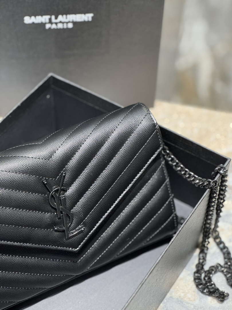 YSL 377828 Classic Cassandre chain wallet in grain de Poudre leather black Hareware