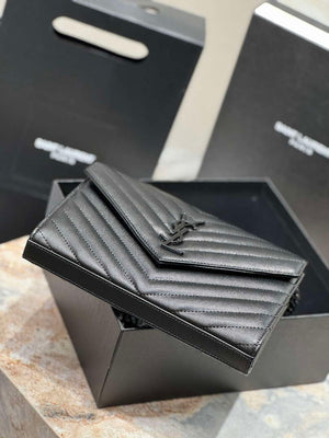 YSL 377828 Classic Cassandre chain wallet in grain de Poudre leather black Hareware - Default Title - View 6