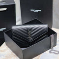 YSL 377828 Classic Cassandre chain wallet in grain de Poudre leather black Silver - Default Title - View 1