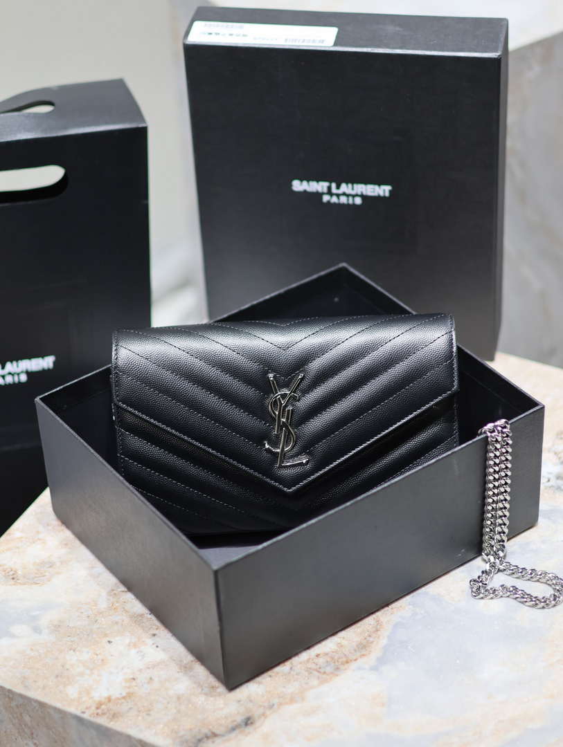 YSL 377828 Classic Cassandre chain wallet in grain de Poudre leather black Silver