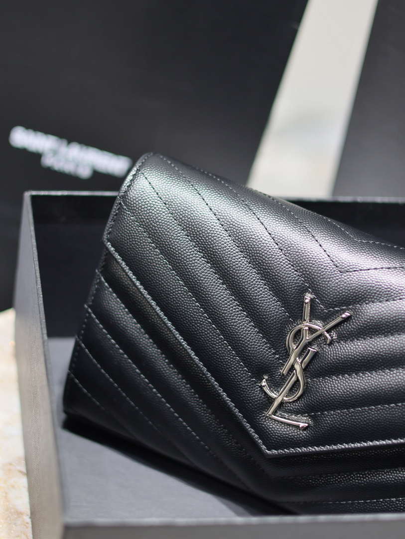 YSL 377828 Classic Cassandre chain wallet in grain de Poudre leather black Silver