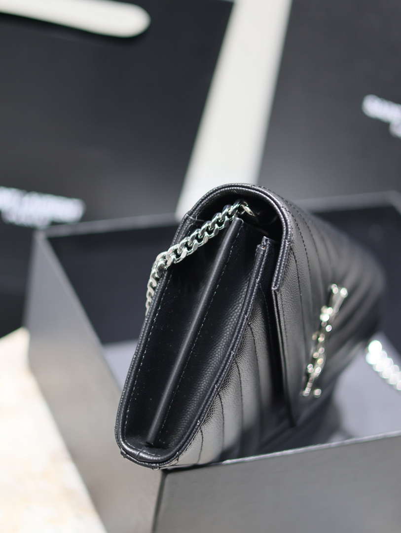 YSL 377828 Classic Cassandre chain wallet in grain de Poudre leather black Silver
