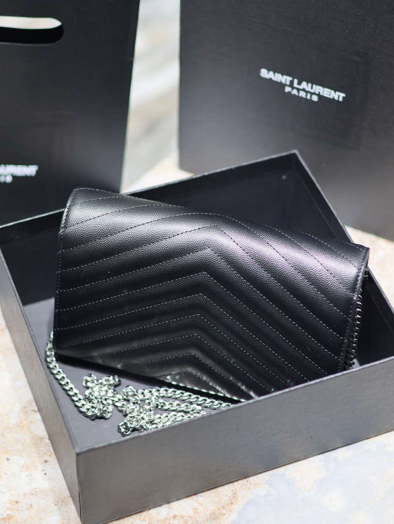 YSL 377828 Classic Cassandre chain wallet in grain de Poudre leather black Silver