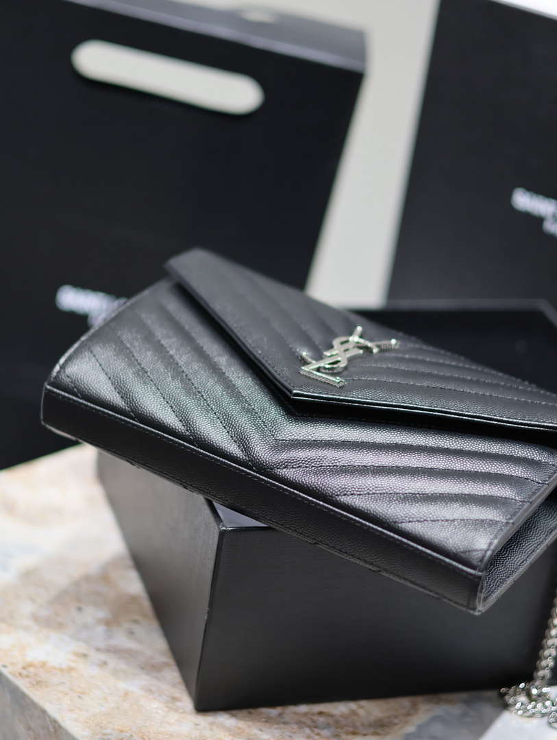 YSL 377828 Classic Cassandre chain wallet in grain de Poudre leather black Silver