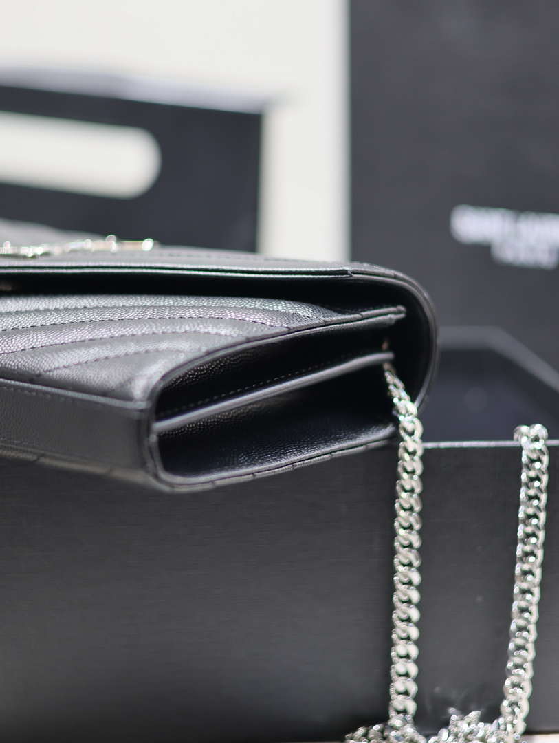 YSL 377828 Classic Cassandre chain wallet in grain de Poudre leather black Silver