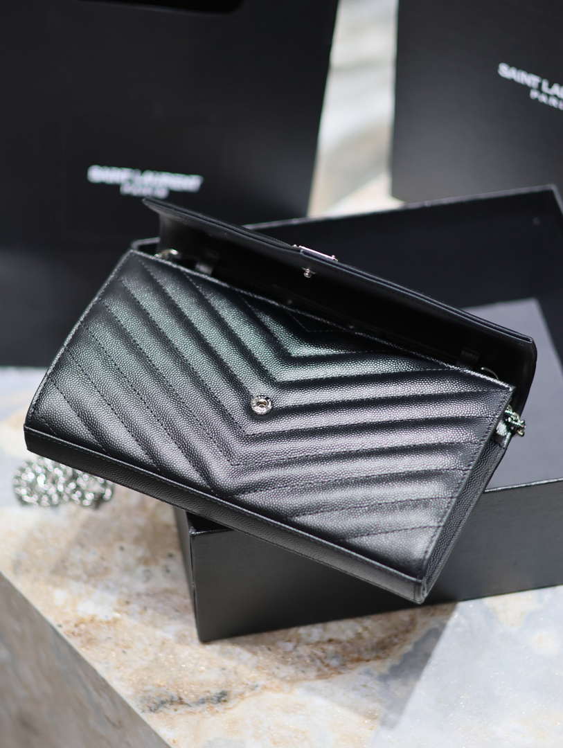 YSL 377828 Classic Cassandre chain wallet in grain de Poudre leather black Silver