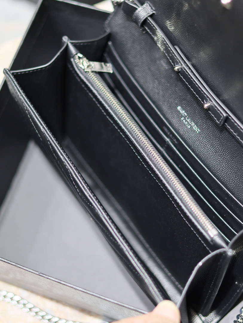 YSL 377828 Classic Cassandre chain wallet in grain de Poudre leather black Silver