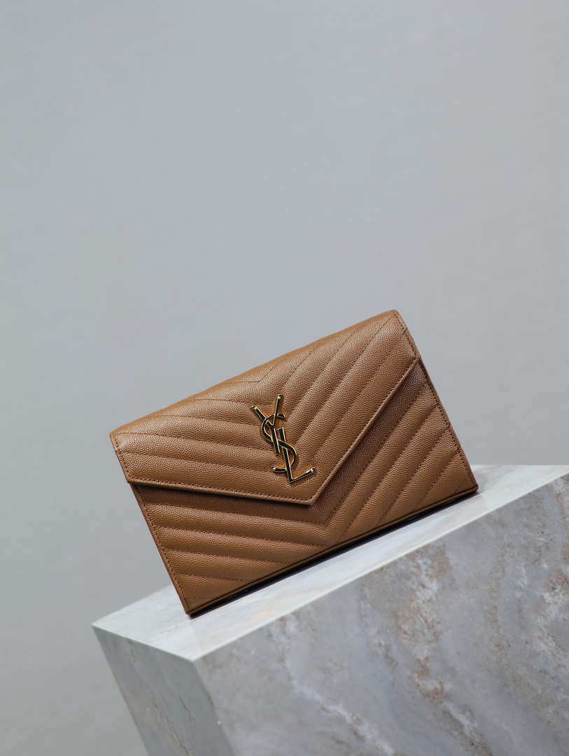 YSL 377828 Classic Cassandre chain wallet in grain de Poudre leather Brown