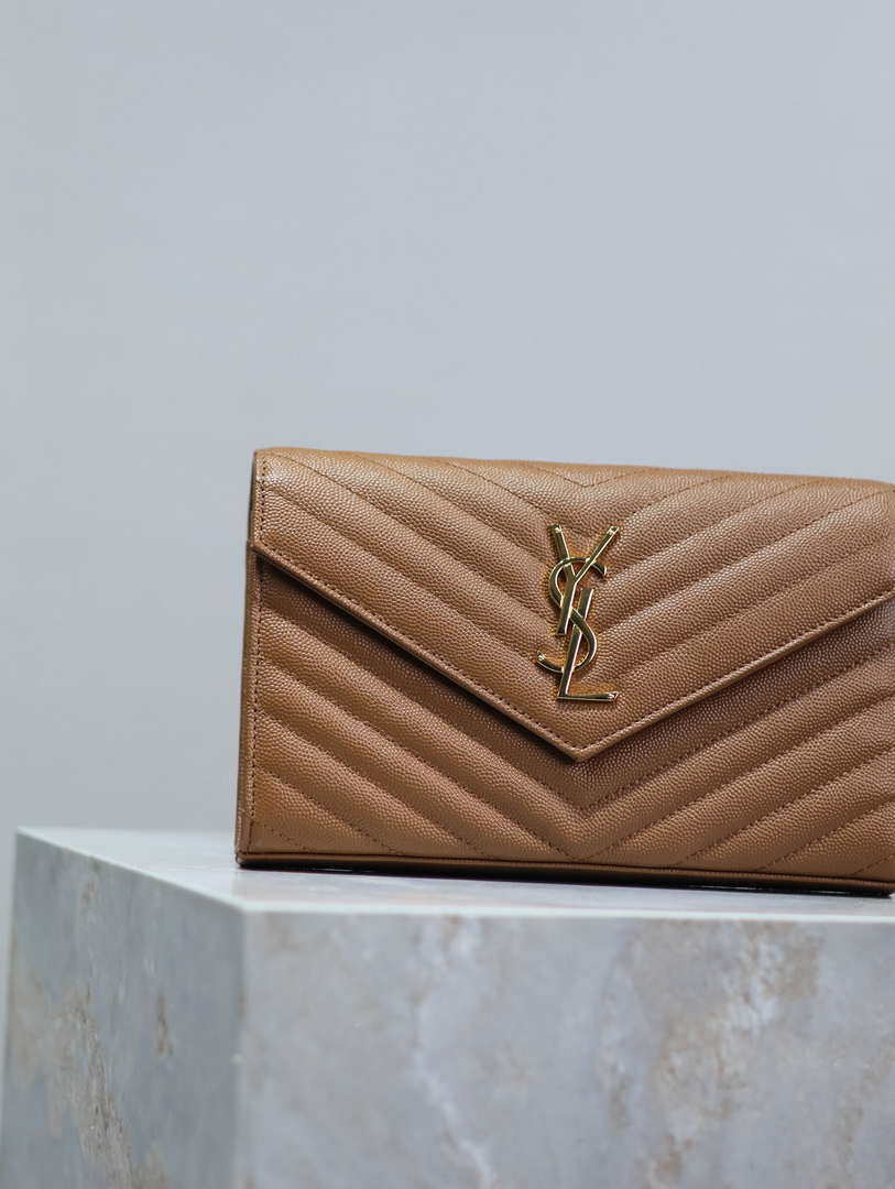 YSL 377828 Classic Cassandre chain wallet in grain de Poudre leather Brown
