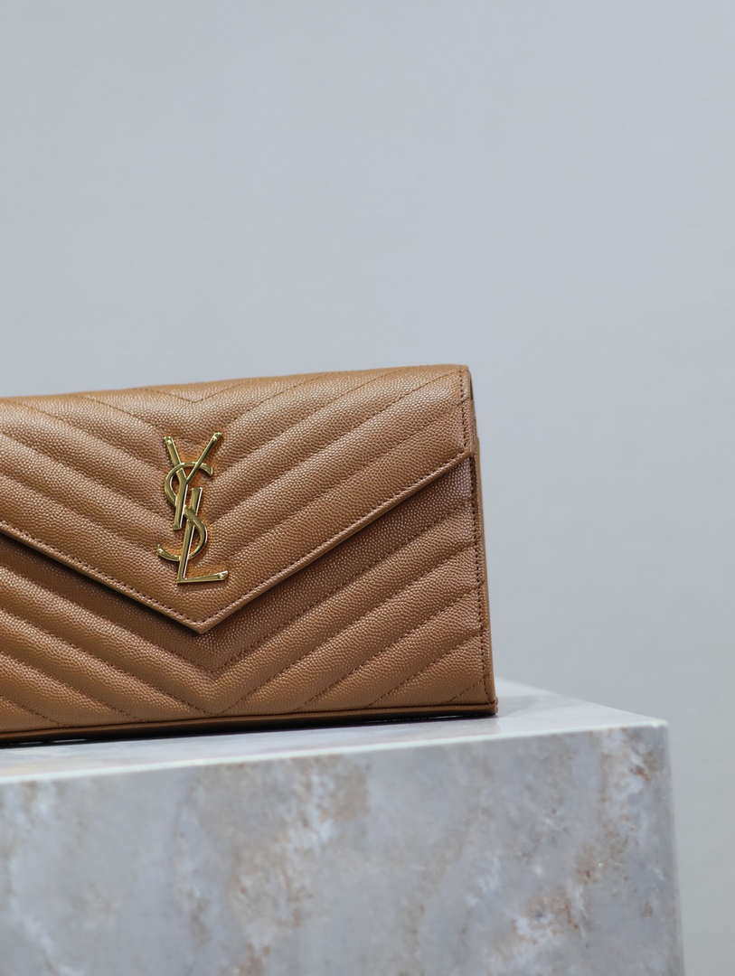 YSL 377828 Classic Cassandre chain wallet in grain de Poudre leather Brown