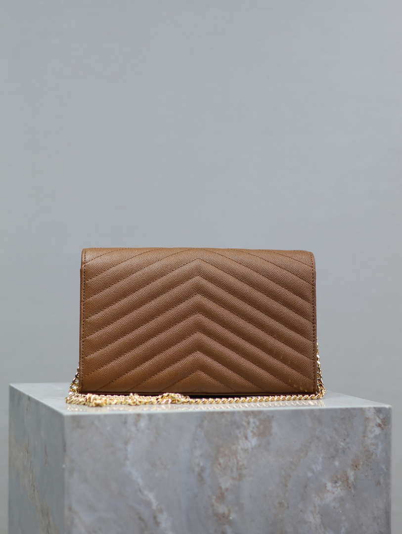 YSL 377828 Classic Cassandre chain wallet in grain de Poudre leather Brown