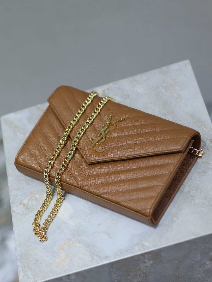 YSL 377828 Classic Cassandre chain wallet in grain de Poudre leather Brown