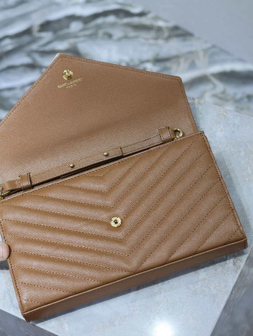 YSL 377828 Classic Cassandre chain wallet in grain de Poudre leather Brown