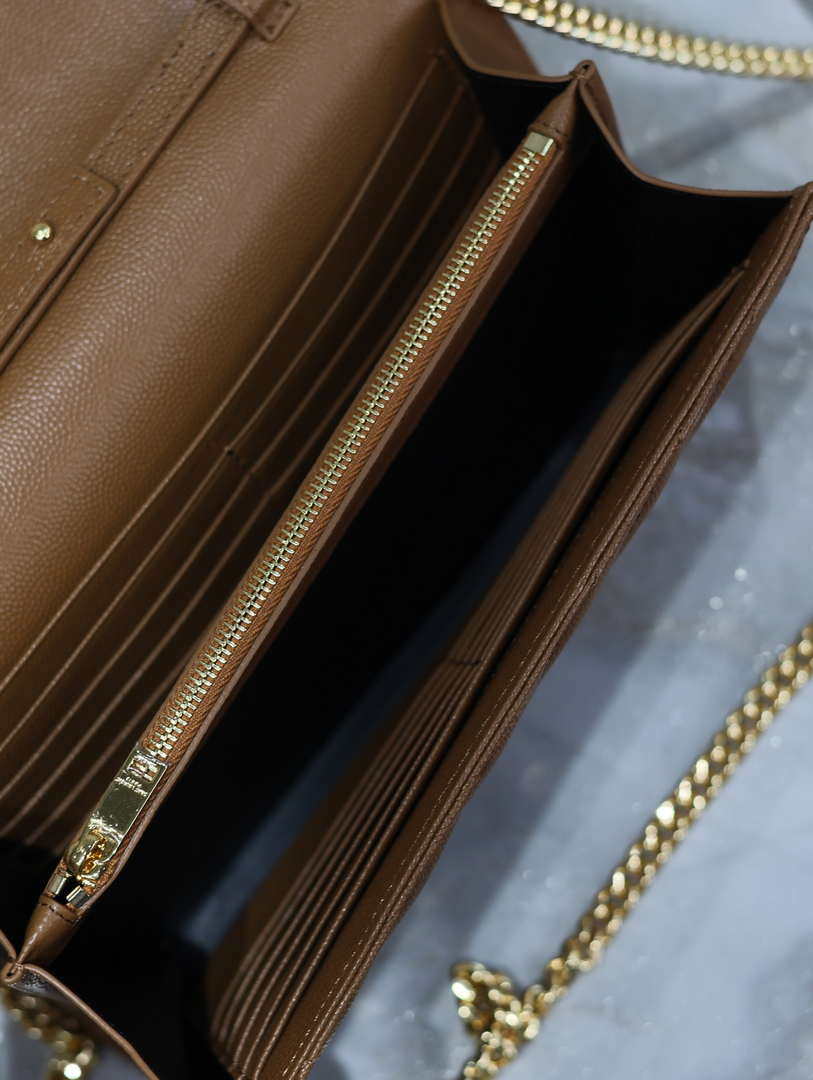 YSL 377828 Classic Cassandre chain wallet in grain de Poudre leather Brown
