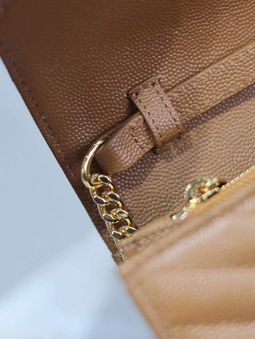 YSL 377828 Classic Cassandre chain wallet in grain de Poudre leather Brown