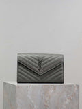 YSL 377828 Classic Cassandre chain wallet in grain de Poudre leather Gray Silver