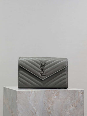 YSL 377828 Classic Cassandre chain wallet in grain de Poudre leather Gray Silver - Default Title - View 1