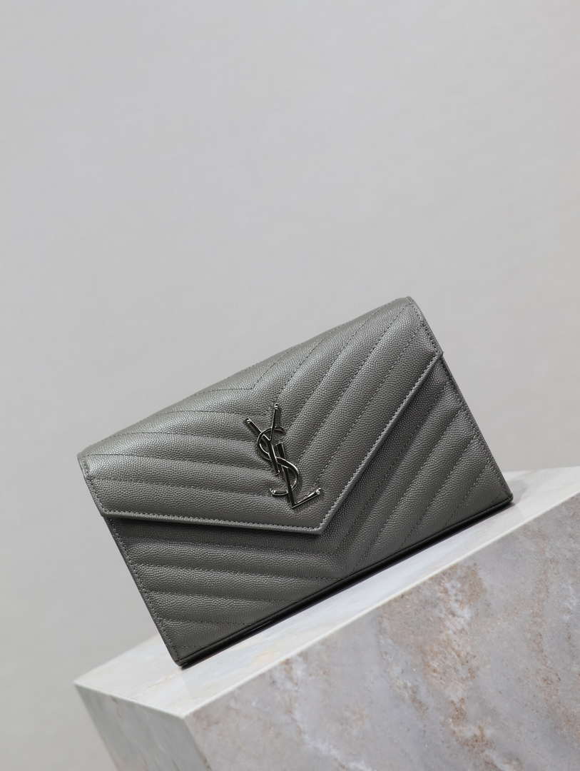 YSL 377828 Classic Cassandre chain wallet in grain de Poudre leather Gray Silver