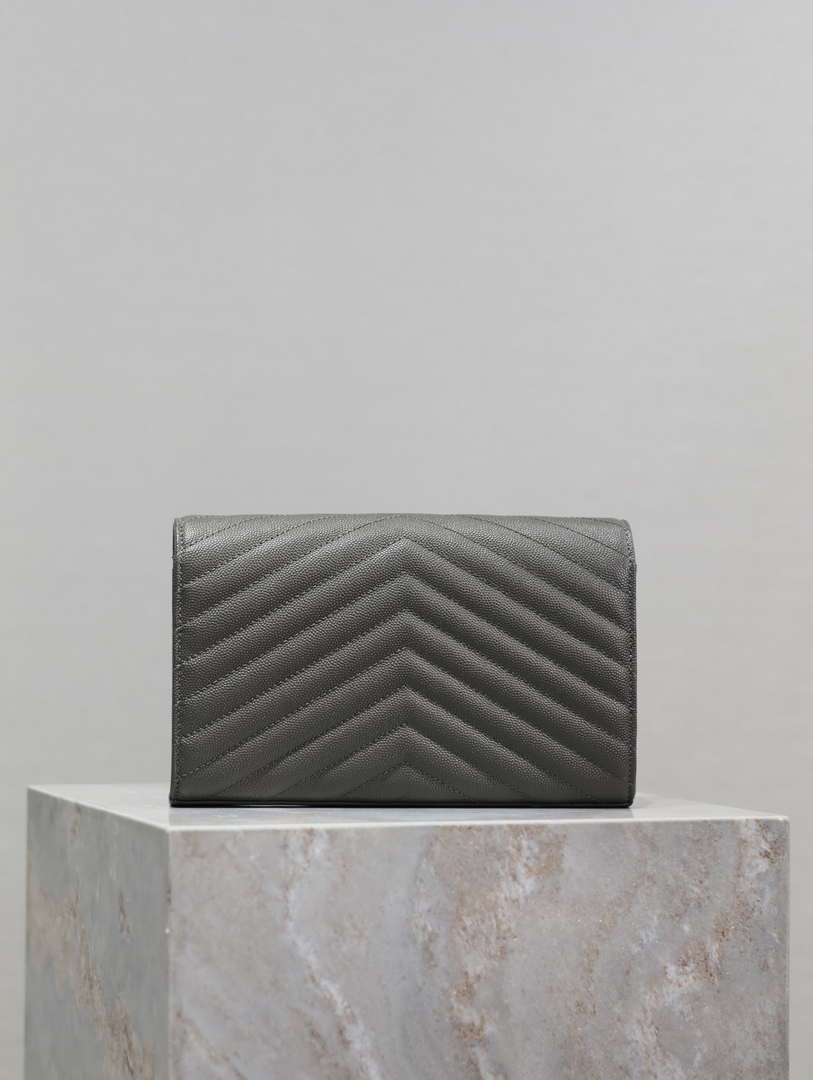 YSL 377828 Classic Cassandre chain wallet in grain de Poudre leather Gray Silver