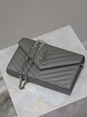 YSL 377828 Classic Cassandre chain wallet in grain de Poudre leather Gray Silver - Default Title - View 6