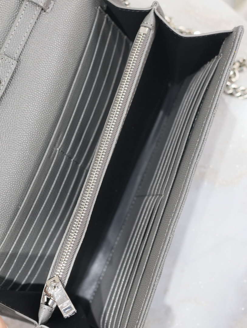 YSL 377828 Classic Cassandre chain wallet in grain de Poudre leather Gray Silver