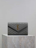 YSL 377828 Classic Cassandre chain wallet in grain de Poudre leather Gray Gold