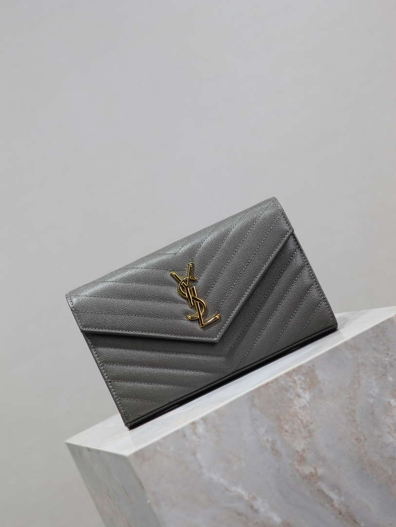YSL 377828 Classic Cassandre chain wallet in grain de Poudre leather Gray Gold