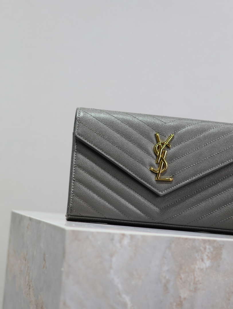 YSL 377828 Classic Cassandre chain wallet in grain de Poudre leather Gray Gold