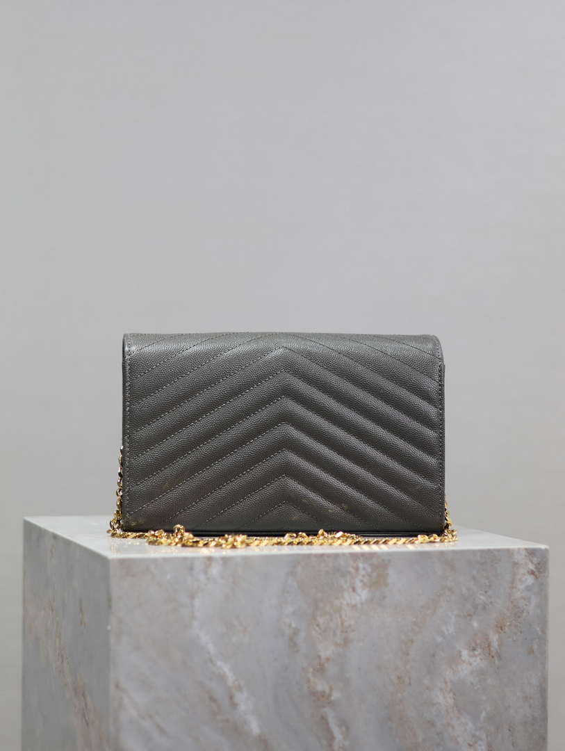YSL 377828 Classic Cassandre chain wallet in grain de Poudre leather Gray Gold