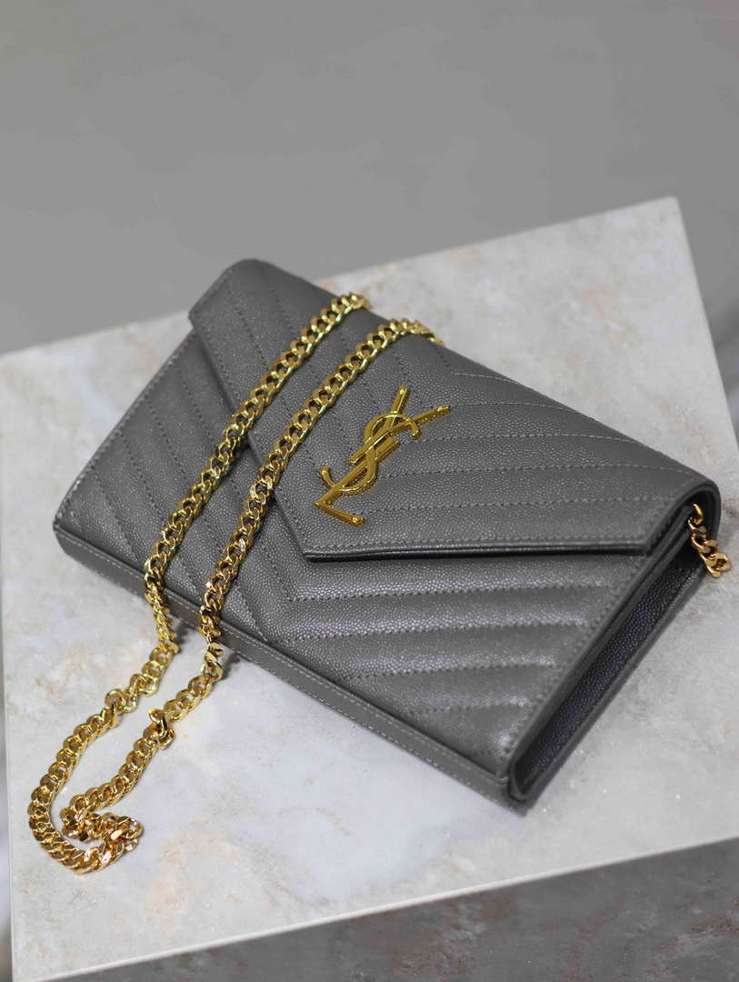 YSL 377828 Classic Cassandre chain wallet in grain de Poudre leather Gray Gold